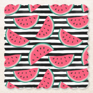 Sweet Watermelon on Stripes Black & White Pattern Paper Coaster
