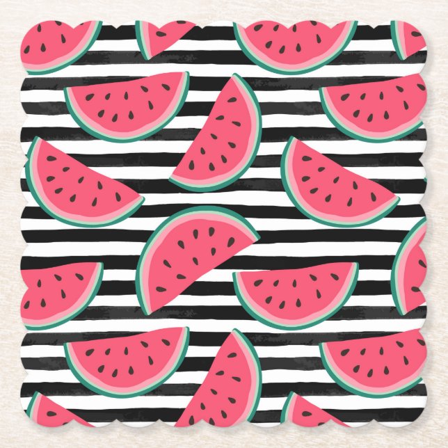 Sweet Watermelon on Stripes Black & White Pattern Paper Coaster (Front)