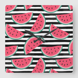 Sweet Watermelon on Stripes Black & White Pattern Square Wall Clock