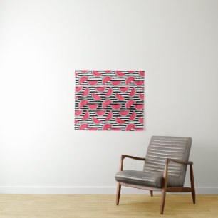 Sweet Watermelon on Stripes Black & White Pattern Tapestry