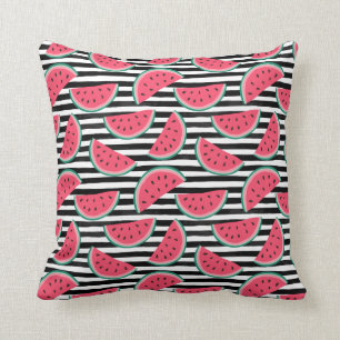 Sweet Watermelon on Stripes Black & White Pattern Throw Pillow