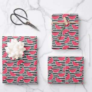 Sweet Watermelon on Stripes Black & White Pattern Wrapping Paper Sheet