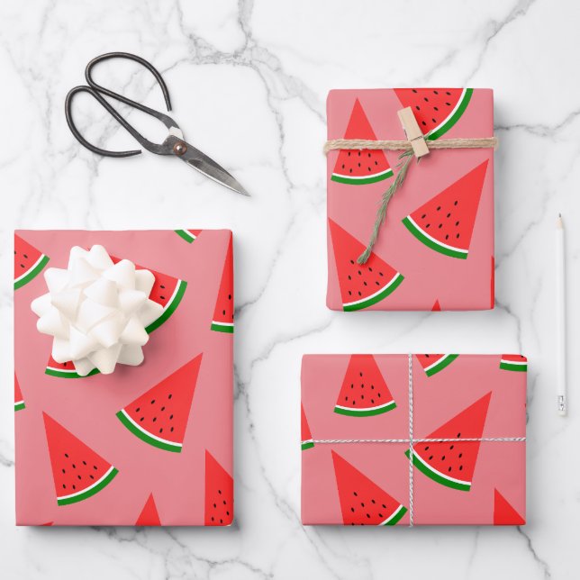 Sweet Watermelon Slice Pattern Pink Wrapping Paper Sheet (Front)