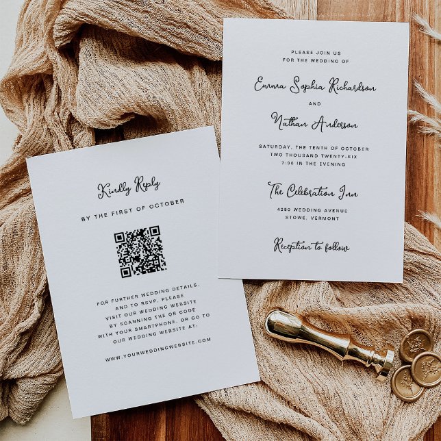 Sweet Whimsical Black and White | Wedding QR Code Invitation (A sweet and whimsical wedding invitation with a scannable QR code to RSVP)