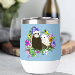 Sweet Whimsical Blue Cute Floral Ferrets Pair