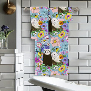 Sweet Whimsical Blue Cute Floral Ferrets Pair Bath Towel Set