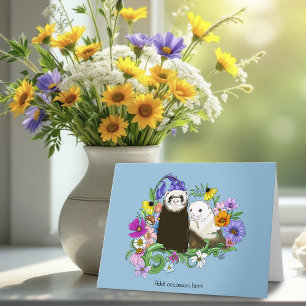 Sweet Whimsical Blue Cute Floral Ferrets Pair Card