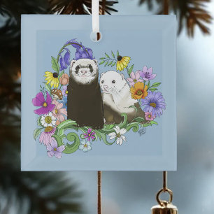 Sweet Whimsical Blue Cute Floral Ferrets Pair  Glass Ornament