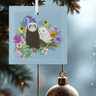 Sweet Whimsical Blue Cute Floral Ferrets Pair Glass Ornament