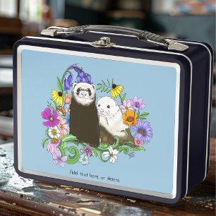 Sweet Whimsical Blue Cute Floral Ferrets Pair Metal Lunch Box