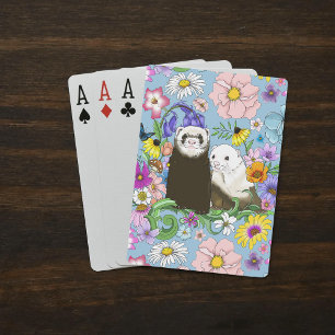 Sweet Whimsical Blue Cute Floral Ferrets Pair Playing Cards