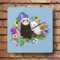 Sweet Whimsical Blue Cute Floral Ferrets Pair 