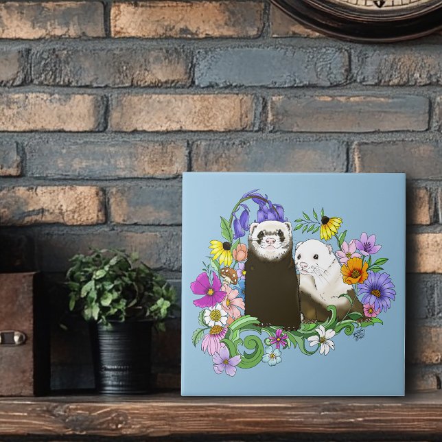 Sweet Whimsical Blue Cute Floral Ferrets Pair  Tile (Creator Uploaded)