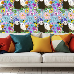 Sweet Whimsical Blue Cute Floral Ferrets Pair Wallpaper