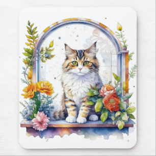 Sweet Whimsical Cat in Window of Flowers Mouse Pad