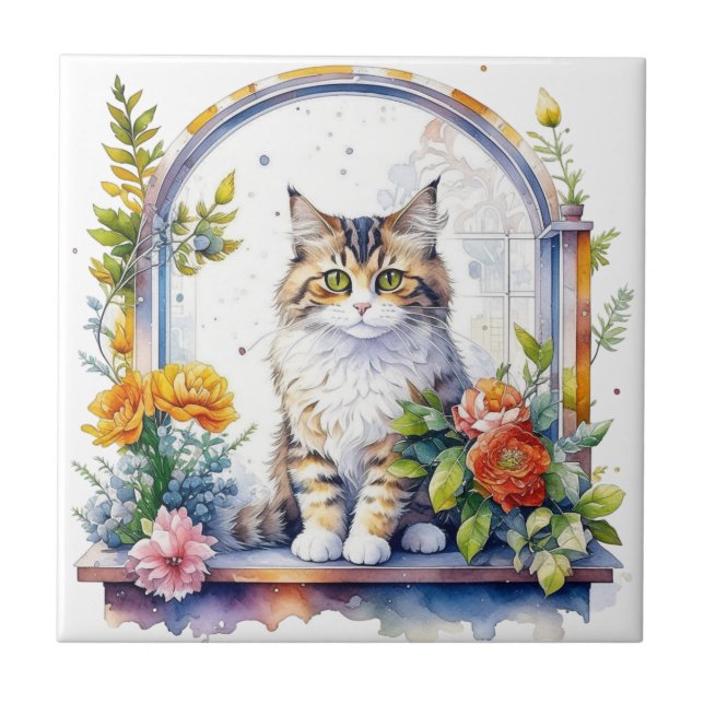 Sweet Whimsical Cat in Window of Flowers   Tile (Front)