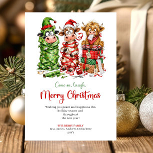 Sweet Whimsical Cows Watercolor Christmas Greeting Holiday Card