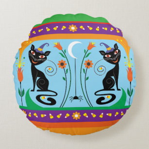 Sweet Whiskers and Spooky Blooms Round Pillow