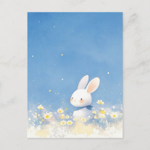 Sweet White Bunny in Blue Sky Meadow Postcard
