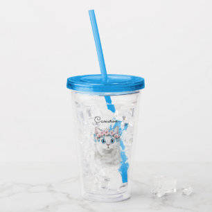 Sweet White Floral Cat   Add Your Name Acrylic Tumbler