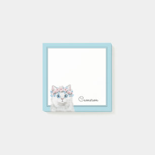 Sweet White Floral Cat   Add Your Name Post-it Notes