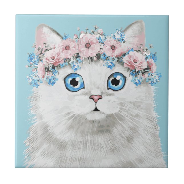 Sweet White Floral Cat Tile (Front)