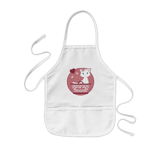 sweet white girly kitten in pink basket kids apron (Front)
