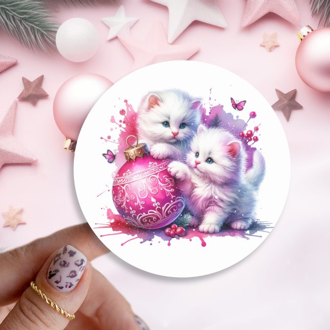 Sweet White Kittens Christmas   Classic Round Sticker (Creator Uploaded)