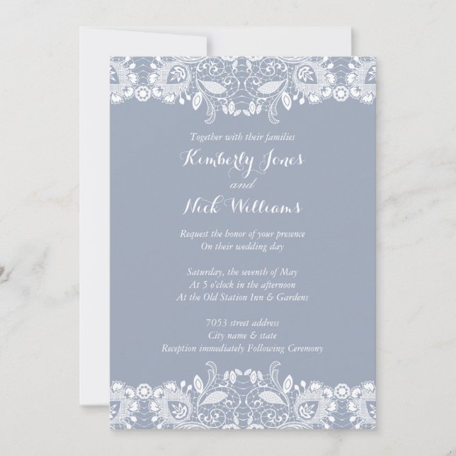Sweet White Lace Dusty Blue Wedding Invitation (Front)