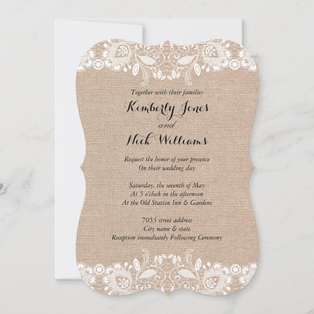 Sweet White Lace Faire-part de mariage Burlap (Devant)