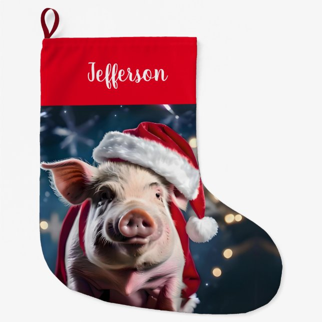 Sweet White Piggy Christmas  Large Christmas Stocking (Front)