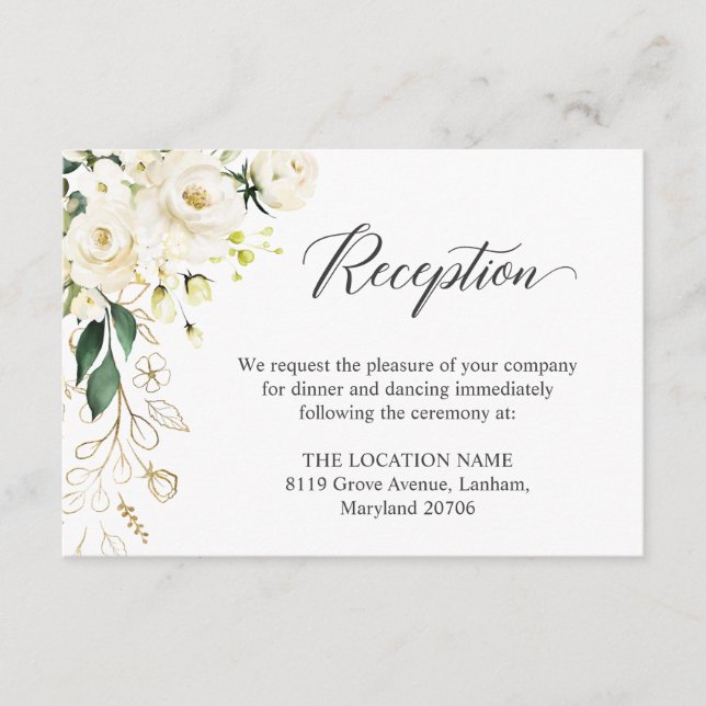 Sweet White Rose Greenery Floral Wedding Reception Enclosure Card (Front)