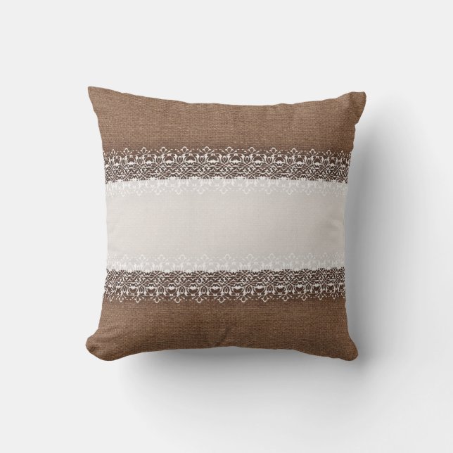Sweet White Shabby Chic Lace on Rustic Burlap Throw Pillow (Front)
