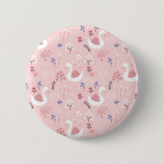 Sweet White Swans On Pastel Pink Floral Ballet 2 Inch Round Button (Front)