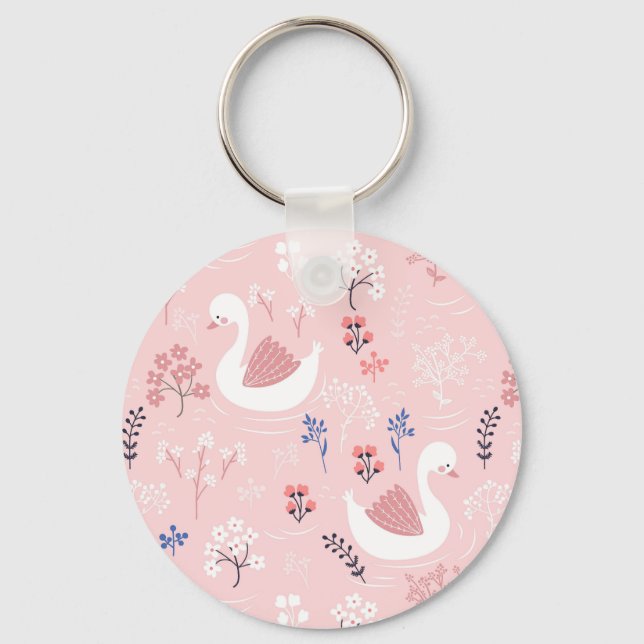 Sweet White Swans On Pastel Pink Floral Ballet Keychain (Front)
