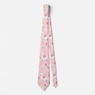 Sweet White Swans On Pastel Pink Floral Ballet Tie