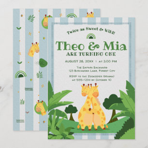 Sweet Wild Giraffe Twins Safari 1st 5th Birthday Invitation