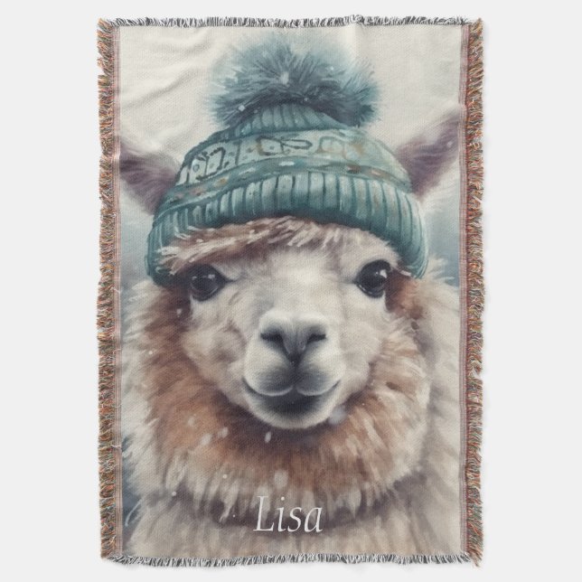 Sweet Winter Alpaca, custom Throw Blanket (Front Vertical)