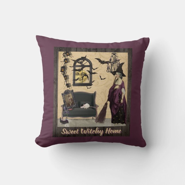 Sweet Witchy Home Purple Throw Pillow (Front)