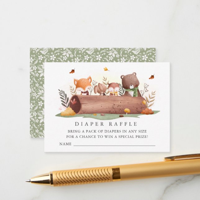 Sweet  Woodland Animals Diaper Raffle Ticket Enclosure Card (Front/Back In Situ)