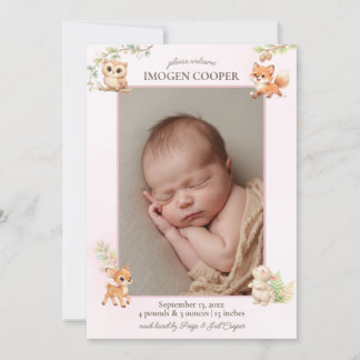 Sweet woodland baby girl birth announcement