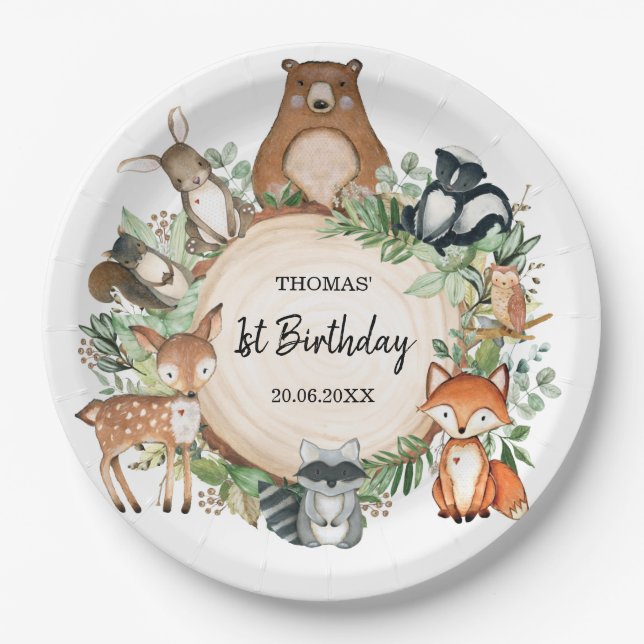 Sweet Woodland Forest Animals 1st Birthday Party Paper Plate (Front)