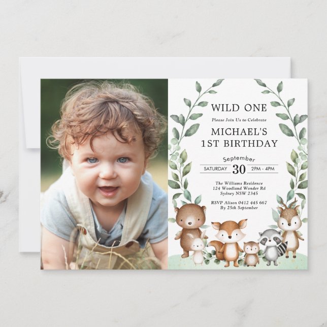 Sweet Woodland Forest Animals Greenery Birthday Invitation (Front)