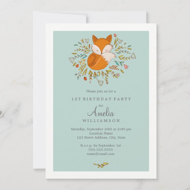 Sweet Woodland Fox First Birthday Invitation (Front)