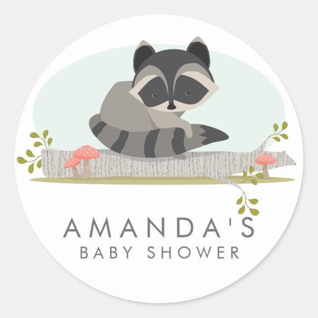 Sweet Woodland Raccoon Baby Shower Favour Seal (Front)