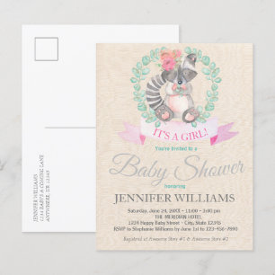 Sweet Woodland Raccoon Floral Boho Baby Shower  Invitation Postcard