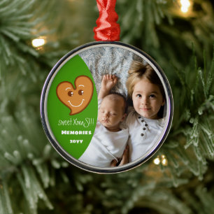 sweet XmaS gingerbread Heart Editable-Photo-Green Metal Ornament