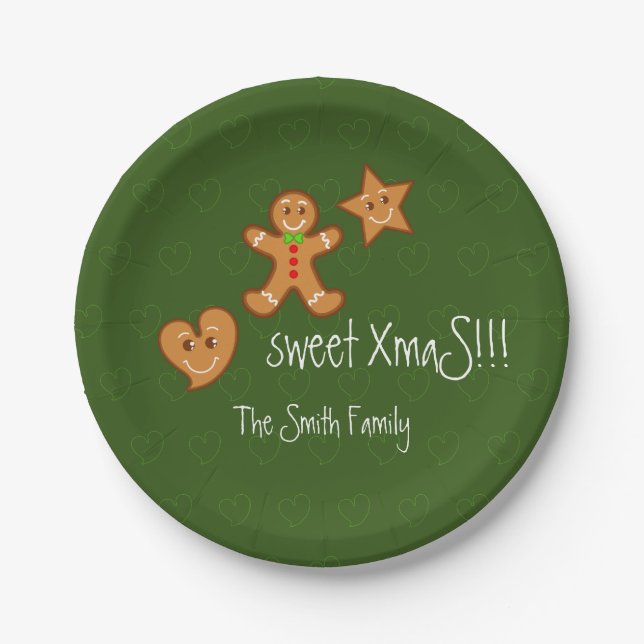 sweet XmaS gingerbread pals Custom Text on Green Paper Plate (Front)