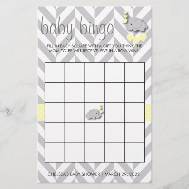 Sweet Yellow and Grey Elephant Baby Shower Bingo Flyer (Front)