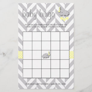 Sweet Yellow and Grey Elephant Baby Shower Bingo Stationery